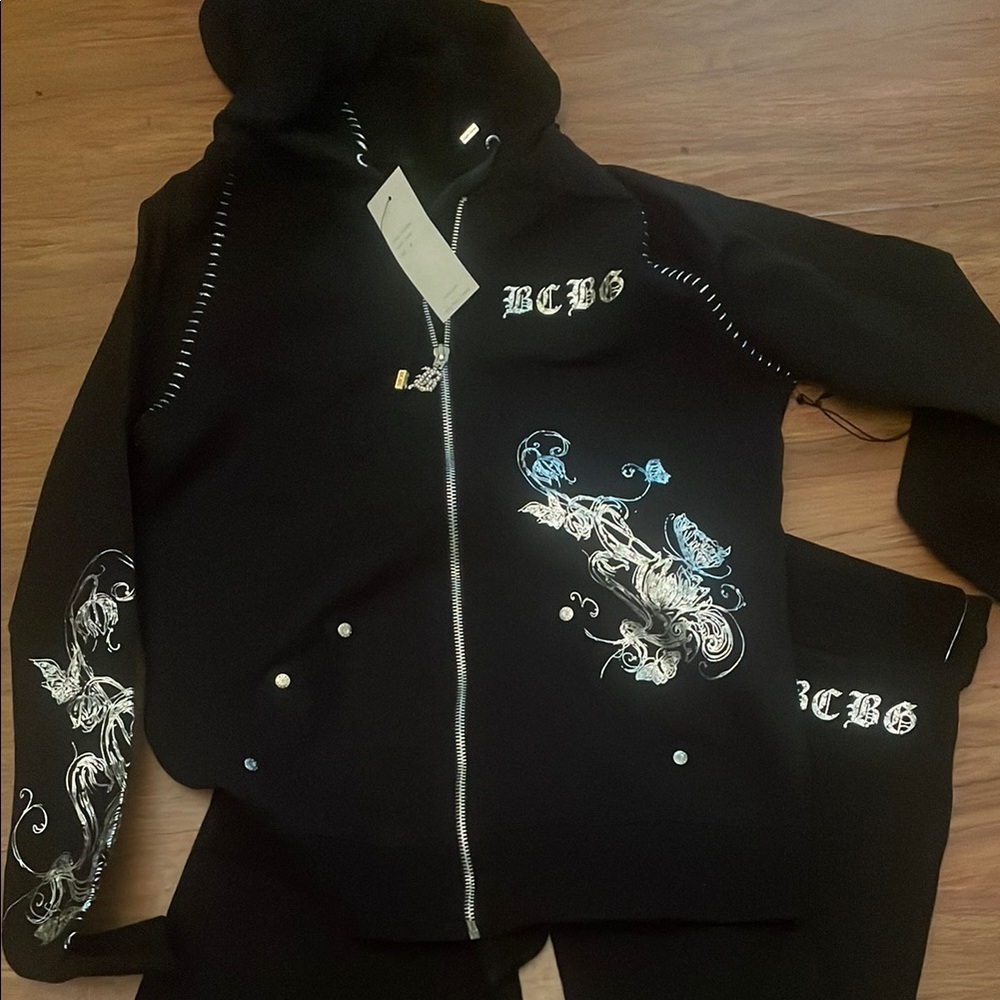 BCBG Black Hoodie and Pants Set with White and silver Embroidery way cute